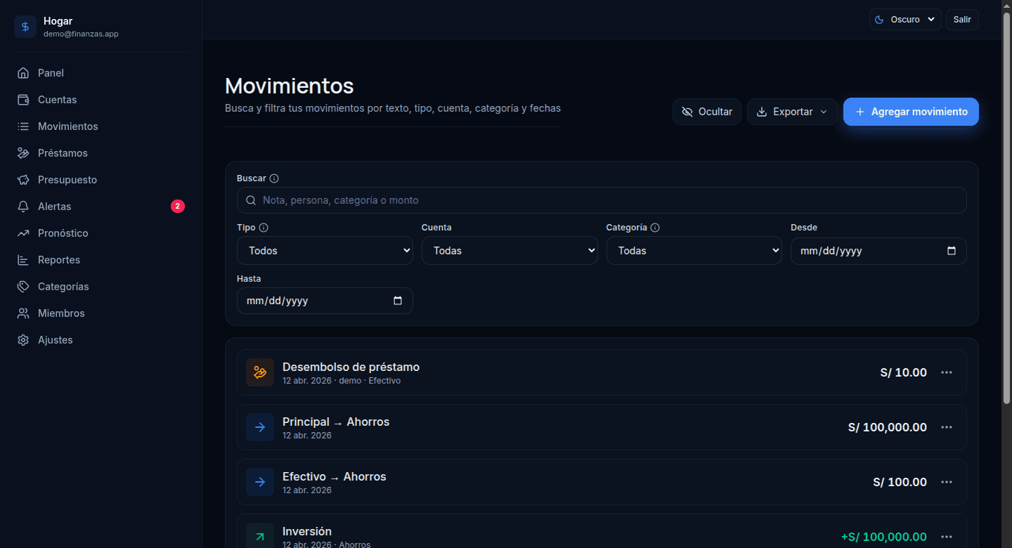 Lista de movimientos en Finanzas