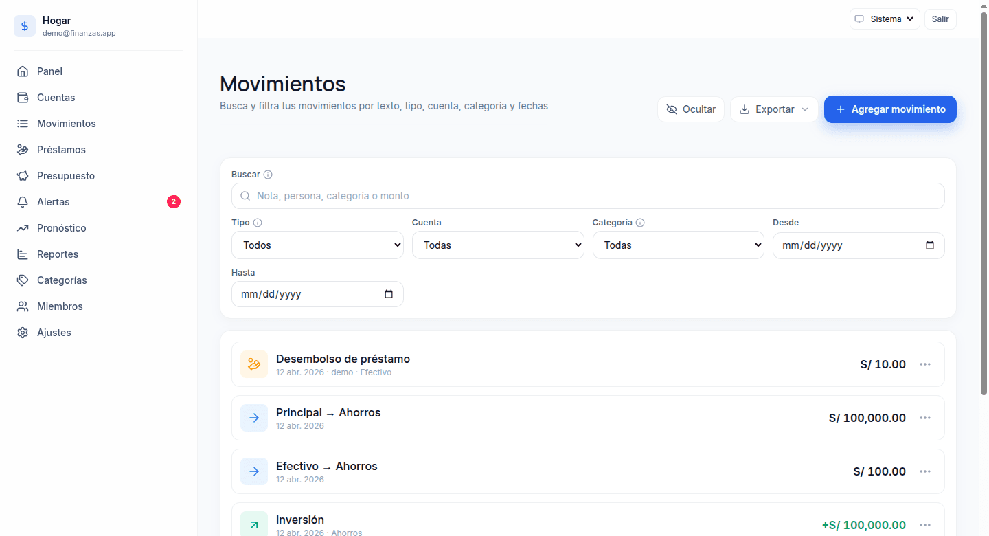Lista de movimientos en Finanzas